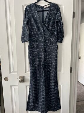 Abercrombie & Fitch Navy and White Polka Dot Wrap Jumpsuit